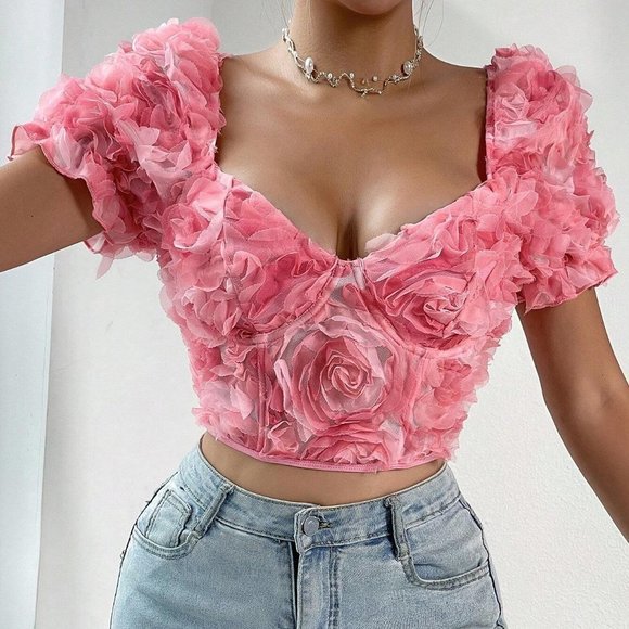 Pink Boho Womens Floral Appliques Sweetheart Neck Puff Sleeve Crop Top - Picture 3 of 5